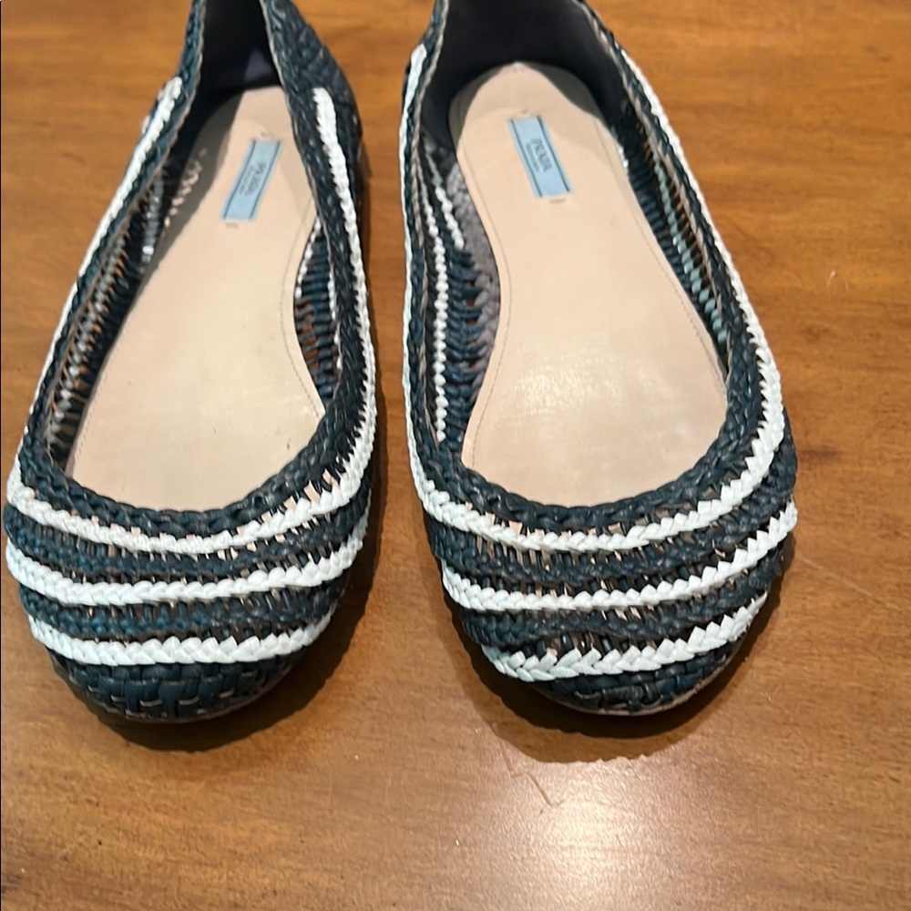 Prada Blue and White Flats with Striped Design